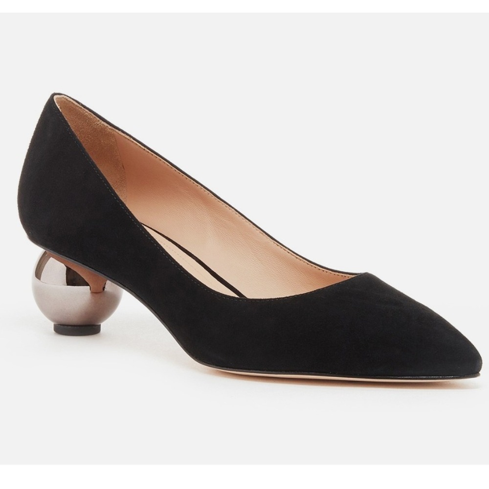 PLV Black Suede Pointed Toe Heels Metallic Silver Sphere Ball Heel 9.5